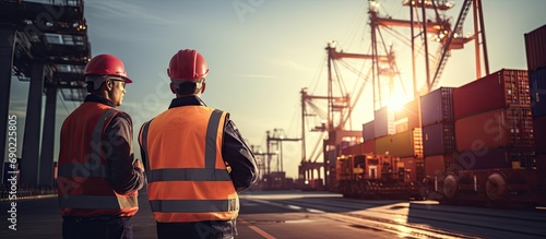 Port manager and a colleague tracking inventory while standing together by freight containers on a large commercial shipping dock. Website header. Creative Banner. Copyspace image