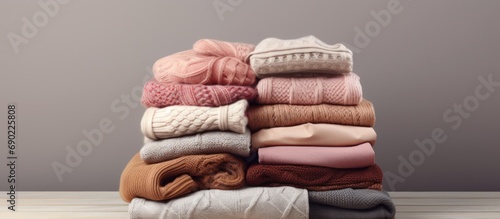 Pile of folded knitted warm women sweaters and scarves on gray background Soft comfortable cozy knitwear Copy space. Website header. Creative Banner. Copyspace image