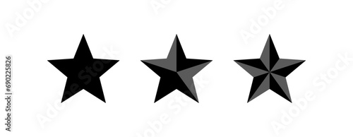 Graphic elements of three black stars     One star in a 2D plane and two stars with 3D effects