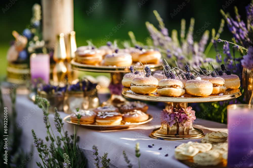 Dessert buffet table, food catering for wedding, party holiday celebration, lavender decor, cakes and desserts in a country garden, generative ai