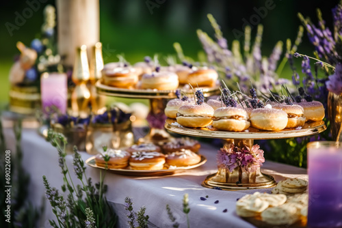 Dessert buffet table, food catering for wedding, party holiday celebration, lavender decor, cakes and desserts in a country garden, generative ai