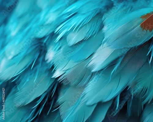 Aqua Feathers Still Life with an incredible Contrast. Closeup Texture and an Amazing Blue Background. © AIGen