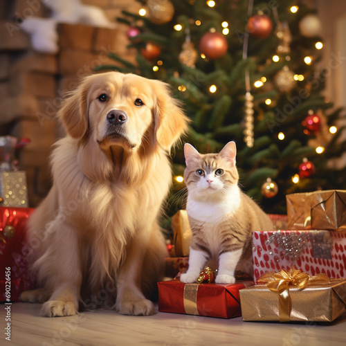 small golden retriever dog and cat near the Christmas tree with gifts on New Year's Eve and Christmas