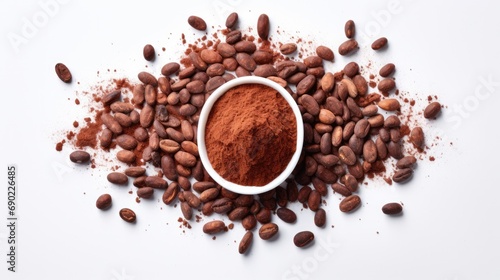 Cacao Beans and Cocoa Powder on White Background. Brown Chocolate Aroma for Macro Food Concept and Agriculture Closeup