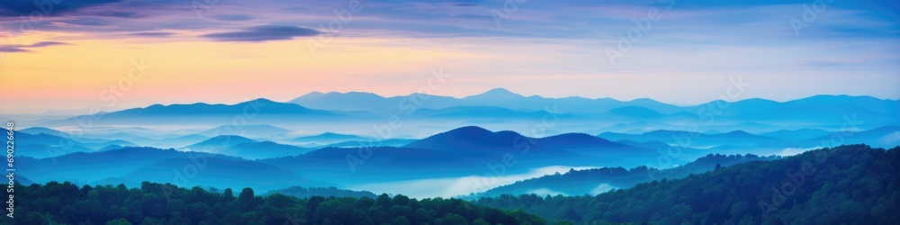 Scenic Blue Ridge Mountains Sunset at the Parkway. Breathtaking Dusk and Dawn Summer Landscape of North Carolina Scenery