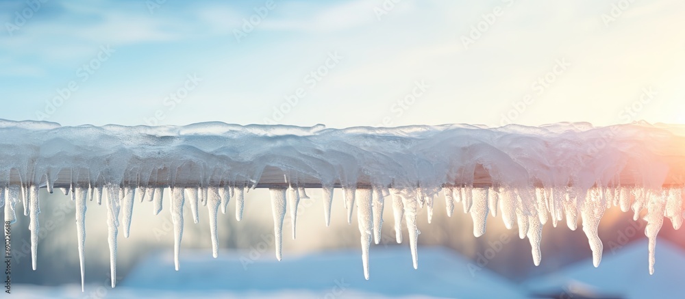 Ice dam in gutter and ice frozen on roof in winter focus on icicles in foreground. Website header. Creative Banner. Copyspace image - obrazy, fototapety, plakaty 
