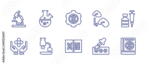 Science line icon set. Editable stroke. Vector illustration. Containing flask, microscope, human evolution, vaccine, test, book, genetic engineering, research, molecule.