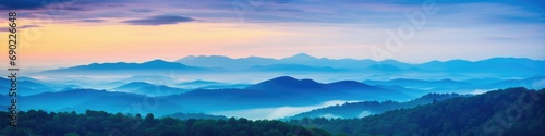 Scenic Blue Ridge Mountains Sunset at the Parkway. Breathtaking Dusk and Dawn Summer Landscape of North Carolina Scenery