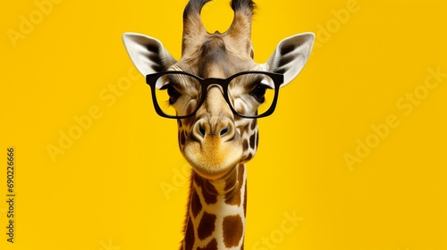 A hilariously goofy giraffe wearing oversized glasses, standing alone against a bright yellow backdrop, its long neck adding to the whimsical charm, all captured with precision by an HD camera. photo