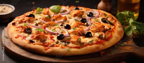 Pizza chicken tikka flavor with olive topping. Website header. Creative Banner. Copyspace image