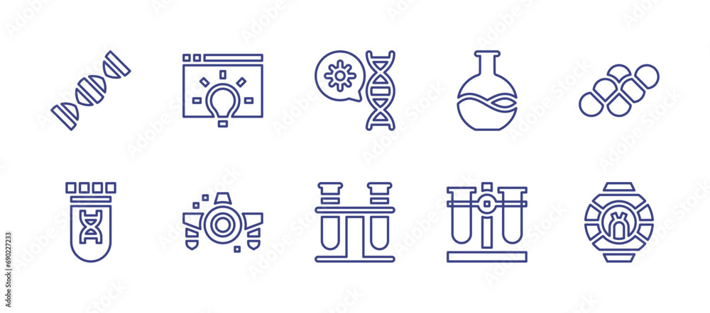 Science line icon set. Editable stroke. Vector illustration. Containing dna, test tube, test tubes, flask, idea, coenzyme, ufo.