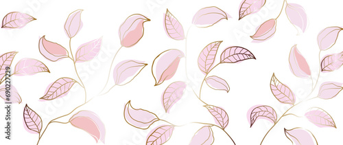 Abstract botanical art background vector. Luxurious wallpaper in a minimalist style with golden lines of flowers and botanical leaves, organic shapes. Vector background for banner, poster, web and pac photo