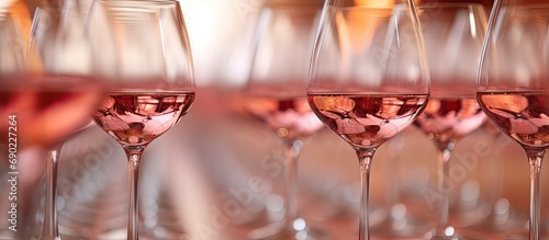Glasses of rose wine seen during a friendly party of a celebration. Website header. Creative Banner. Copyspace image photo