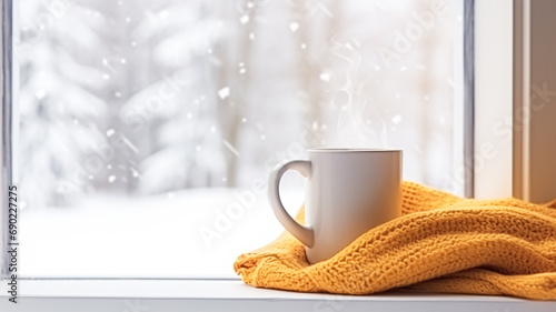 Winter holidays, calm and cosy home, cup of tea or coffee mug and knitted blanket near window in the English countryside cottage, holiday atmosphere