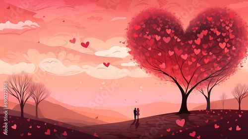 Romantic San Valentine Card Background Couple in love under the tree of hearts © Laura