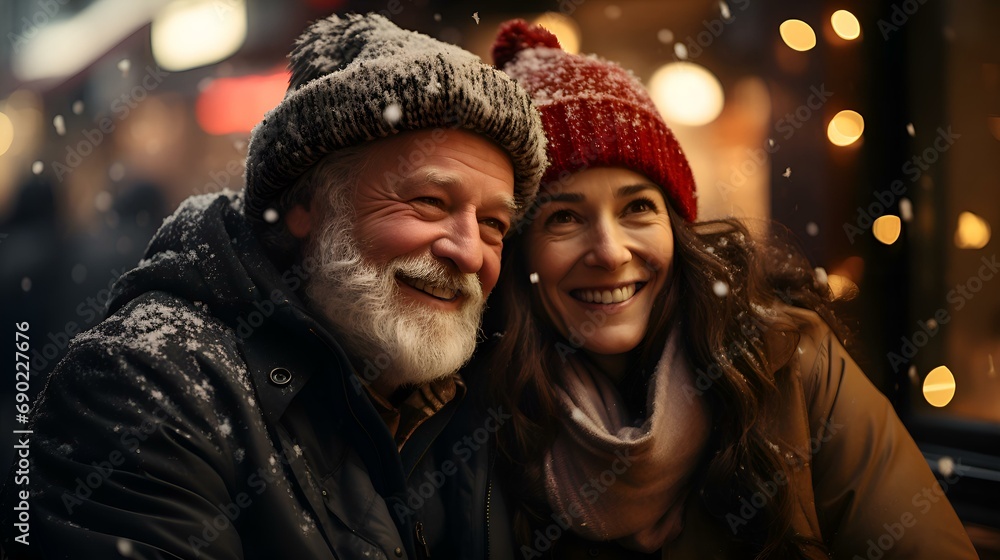 Happy elderly couple laughs and talks on an evening walk against the backdrop of bokeh and glare from holiday light bulbs and lanterns Happy elderly couple laughs and talks on an evening walk against the backdrop of bokeh and glare from holiday light bulbs and lanterns