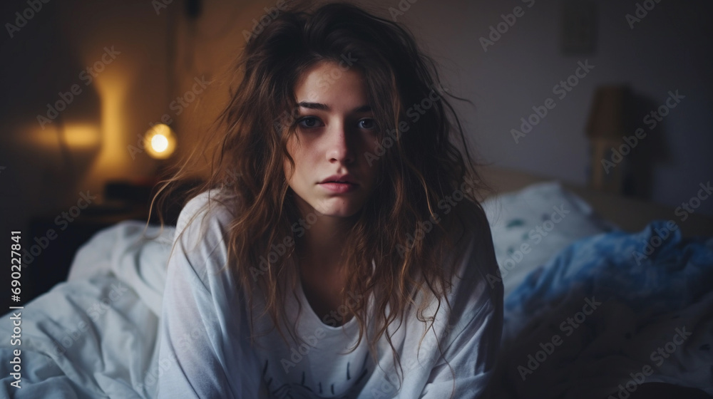 Young teenage sitting on her bed with messy hair, wake up in the morning after healthy sleep, closeup portrait Young teenage sitting on her bed with messy hair, wake up in the morning after healthy sleep, closeup portrait