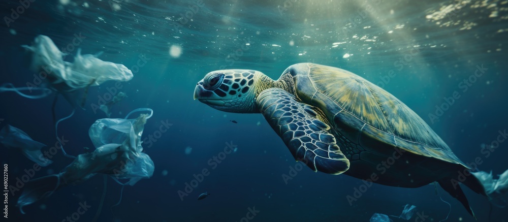 Obraz premium Plastic pollution problem Sea Turtle eating plastic bag polluting ocean. Website header. Creative Banner. Copyspace image