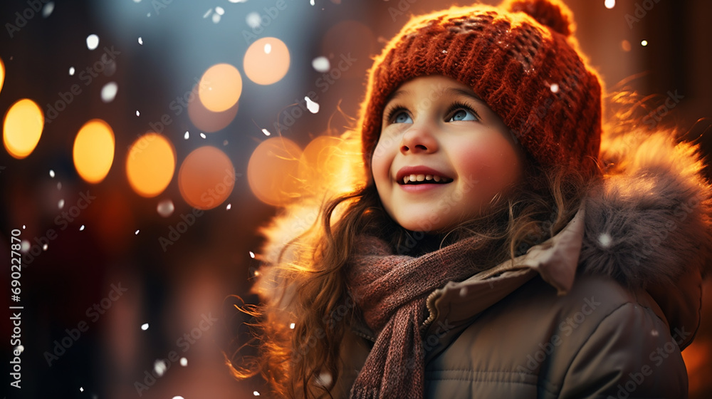Close up portrait of cute girl looking at festive fireworks outdoor Close up portrait of cute girl looking at festive fireworks outdoor