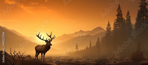 Magical Misty Morning Sunrise Evening Sunset Rocky Mountain Elk Bull. Website header. Creative Banner. Copyspace image © HN Works