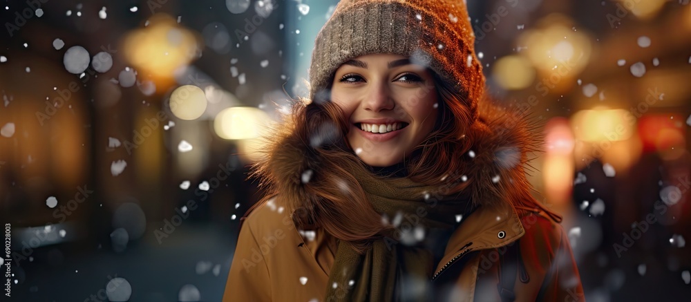 Girl with sparklers and Christmas garland at night in total darkness Smiling girl in warm clothes at night with blurry lights Holidays theme. Website header. Creative Banner. Copyspace image Girl with sparklers and Christmas garland at night in total darkness Smiling girl in warm clothes at night with blurry lights Holidays theme. Website header. Creative Banner. Copyspace image