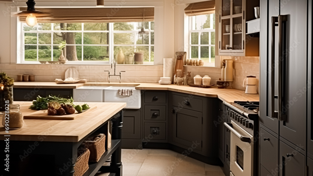 Dark kitchen decor, cottage interior design and house improvement, English in frame kitchen cabinets in a country house style - obrazy, fototapety, plakaty 