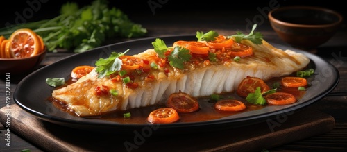 Portion of cooked walleye fish with sweet and sour sauce. Website header. Creative Banner. Copyspace image photo