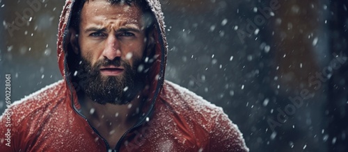 Print op canvas Handsome middle age man with a beard running and exercising outside on extremely cold and snowy day Sport and fitness motivation theme