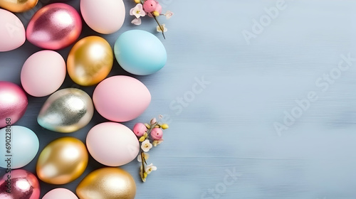 Easter eggs on a blue background with floral accents, perfect for spring greetings