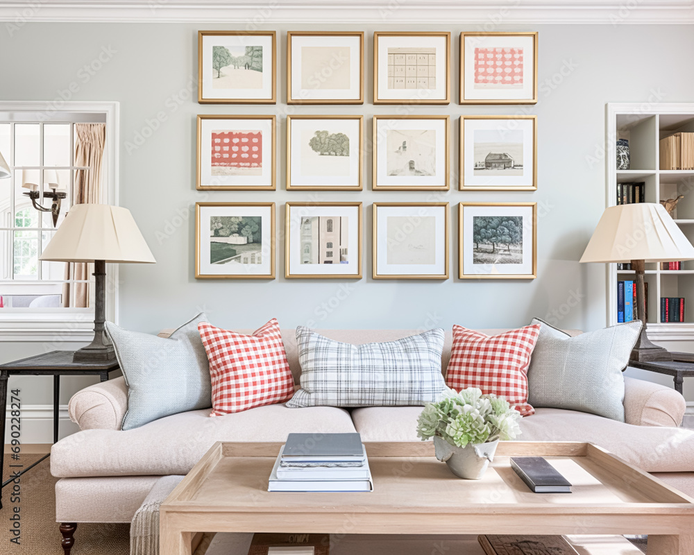 Fotka „Gallery wall, home decor and wall art over sofa, framed art in