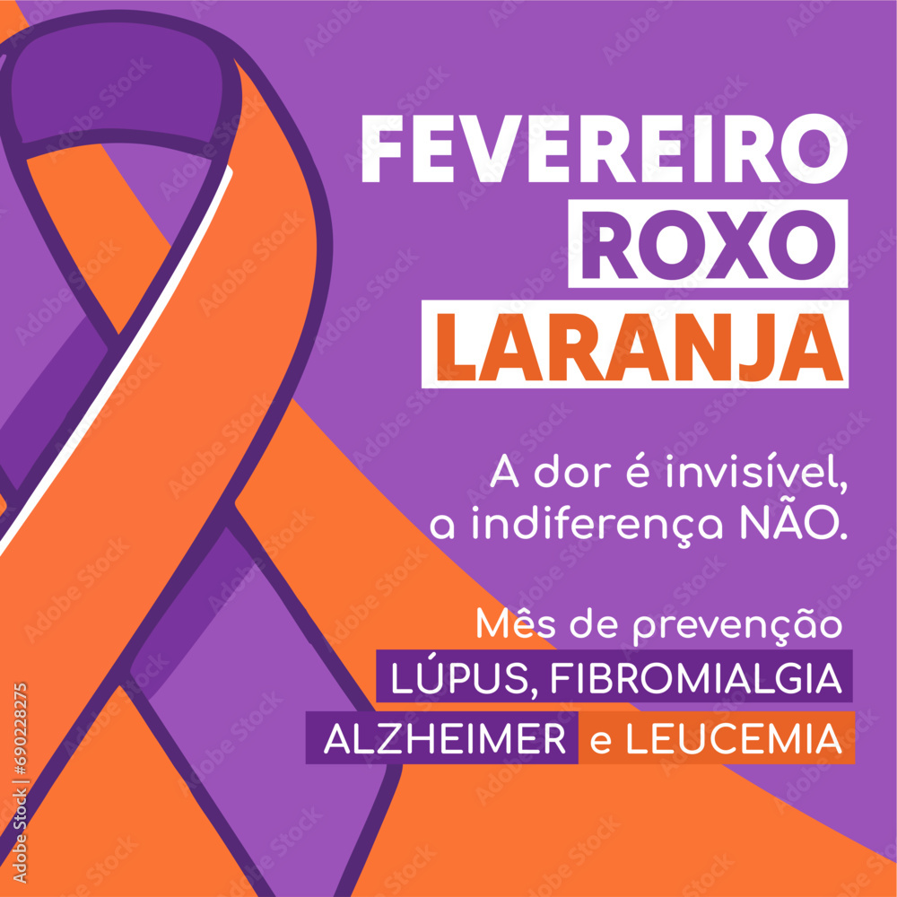 Banner in portuguese for composition February prevention brazil - Campanha Fevereiro Roxo e Laranja Leucemia Cancer - obrazy, fototapety, plakaty 
