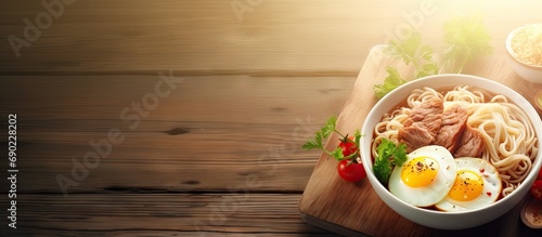 Instant noodle soup with minced pork and boiled egg in white bowl on wood table. Website header. Creative Banner. Copyspace image