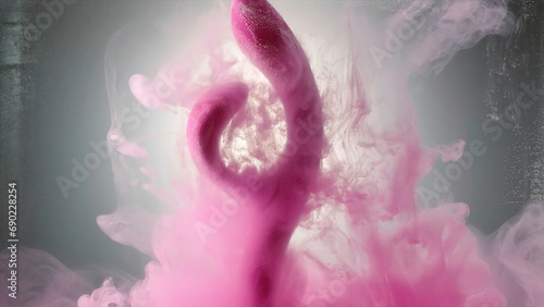 Close up of vibrating pink sex toy underwater with pink spreading paint. Creative. Concept of self love and pleasure.