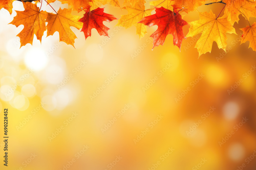 Autumn with a holiday banner featuring a vibrant fall landscape and closeup of colorful maple leaves. Ideal for conveying the beauty of autumn festivities and nature's transition. Space for text.