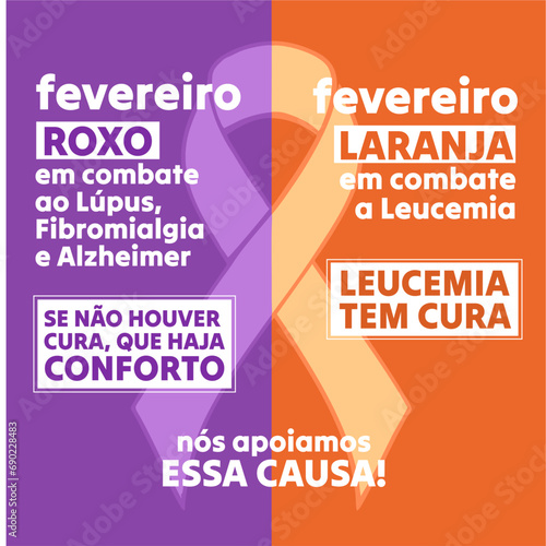 Banner in portuguese for composition February prevention brazil - Campanha Fevereiro Roxo e Laranja Leucemia Cancer