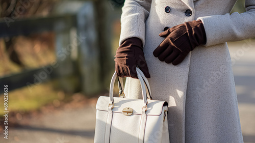 Fashion, accessory and style, autumn winter womenswear clothing collection, woman wearing elegant clothes, gloves and handbag, English countryside look photo