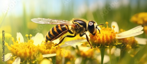 Fascinating world of Long hoverfly Sphaerophoria scripta Insect seen in the meadow during summer season. Website header. Creative Banner. Copyspace image photo