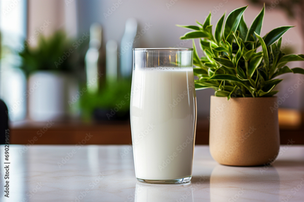 Beautiful modern kitchen with a glass of milk on the table. Health benefits due to the calcium contained in milk. Beautiful modern kitchen with a glass of milk on the table. Health benefits due to the calcium contained in milk.