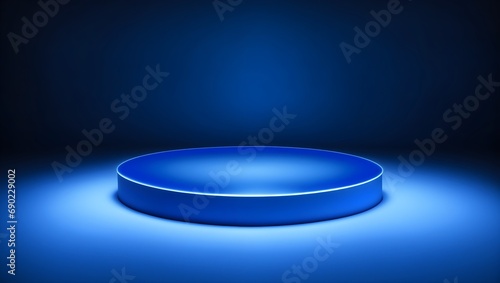 Empty Blue Round Podium with Spotlight on a Blue Background. Blue 3D Empty Stage Podium. Minimalistic Blank Scene for Presentation.