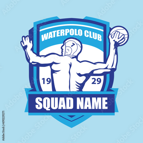 Waterpolo Logo Design with a Swimming Person Throwing a Ball and a Blue Shield Background