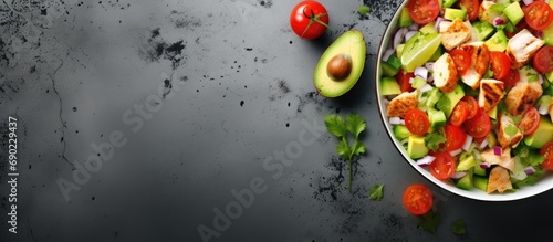 Poke bowl with lettuce tomatoes cucumbers chicken fillet corn and grated parmesan on gray stone surface. Website header. Creative Banner. Copyspace image photo