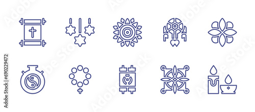 Spirituality line icon set. Editable stroke. Vector illustration. Containing mandala, candles, star of david, rosary, torah, scroll, meditation, dream catcher, the witch knot.