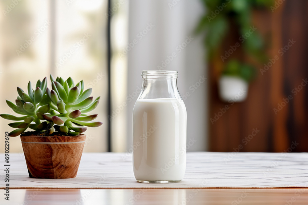 A glass bottle of fresh milk in a modern-style kitchen with live green plants. A glass bottle of fresh milk in a modern-style kitchen with live green plants.