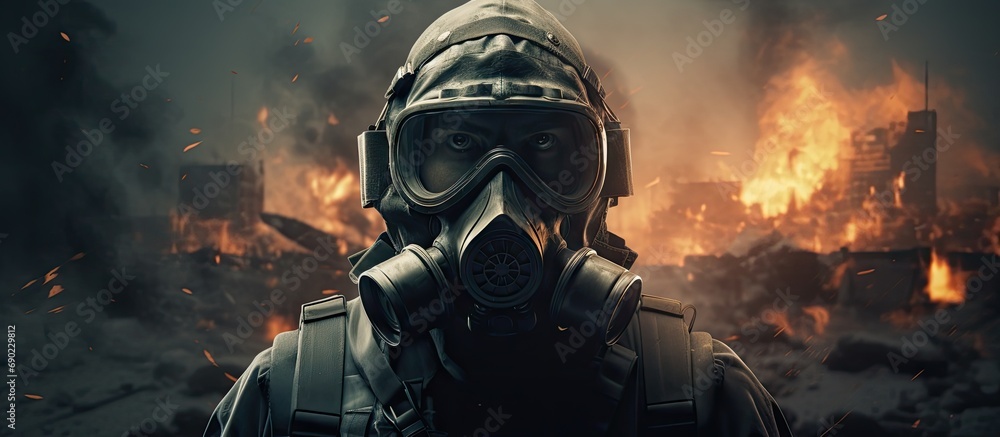 Gas masked survival man coming with arms on his hand in a demolished dark environment. Website header. Creative Banner. Copyspace image