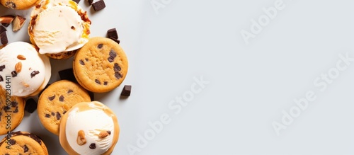 Ice cream sandwiches with nuts and caramel and chocolate chip cookies overhead shot. Website header. Creative Banner. Copyspace image