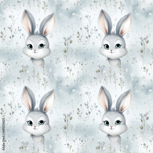 a gray and white rabbit pattern with hearts on it,