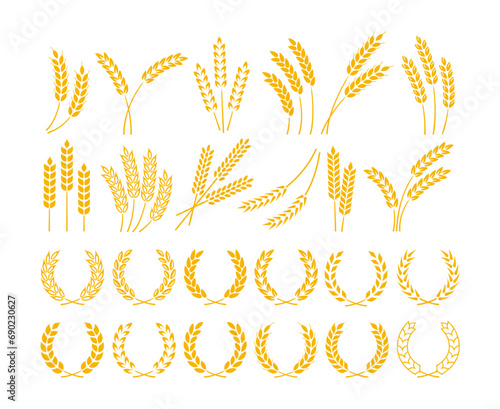 Wheat and barley ears. Wheat wreaths with ripe yellow grains, rice and oats stalk, rye grains ear silhouettes. Cereals organic food, beer and bread vector logo