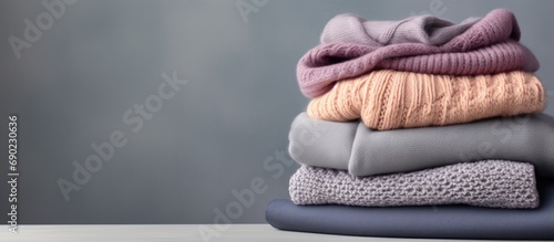 Pile of folded knitted warm women sweaters and scarves on gray background Soft comfortable cozy knitwear Copy space. Website header. Creative Banner. Copyspace image photo