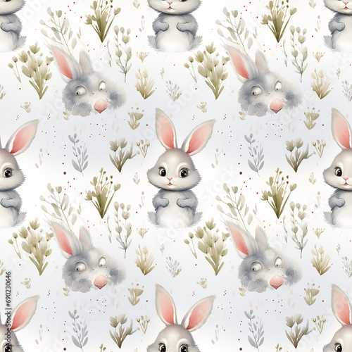 a gray and white rabbit pattern with hearts on it,