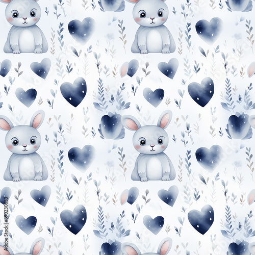 a gray and white rabbit pattern with hearts on it,